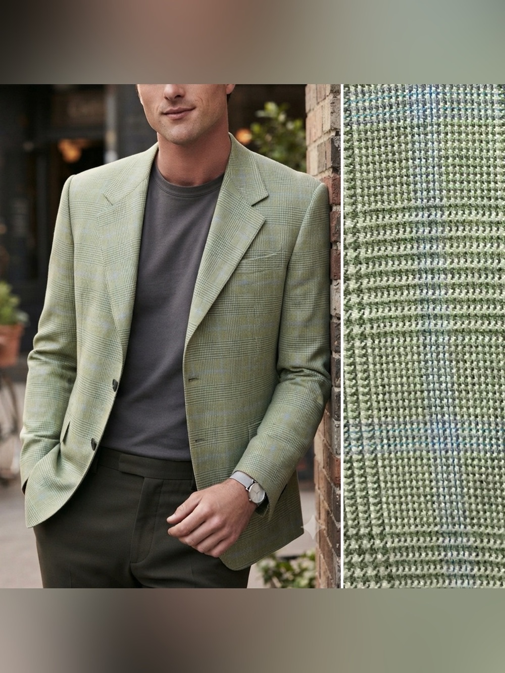 Bespoke Custom Men's 42L Mint Green Blue Windowpane Glen Plaid Blazer Jacket